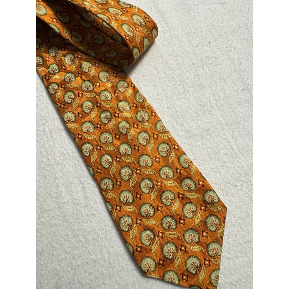 Ermenegildo Zegna Silk Tie Mens Orange Green Floral Geometric Made in Italy